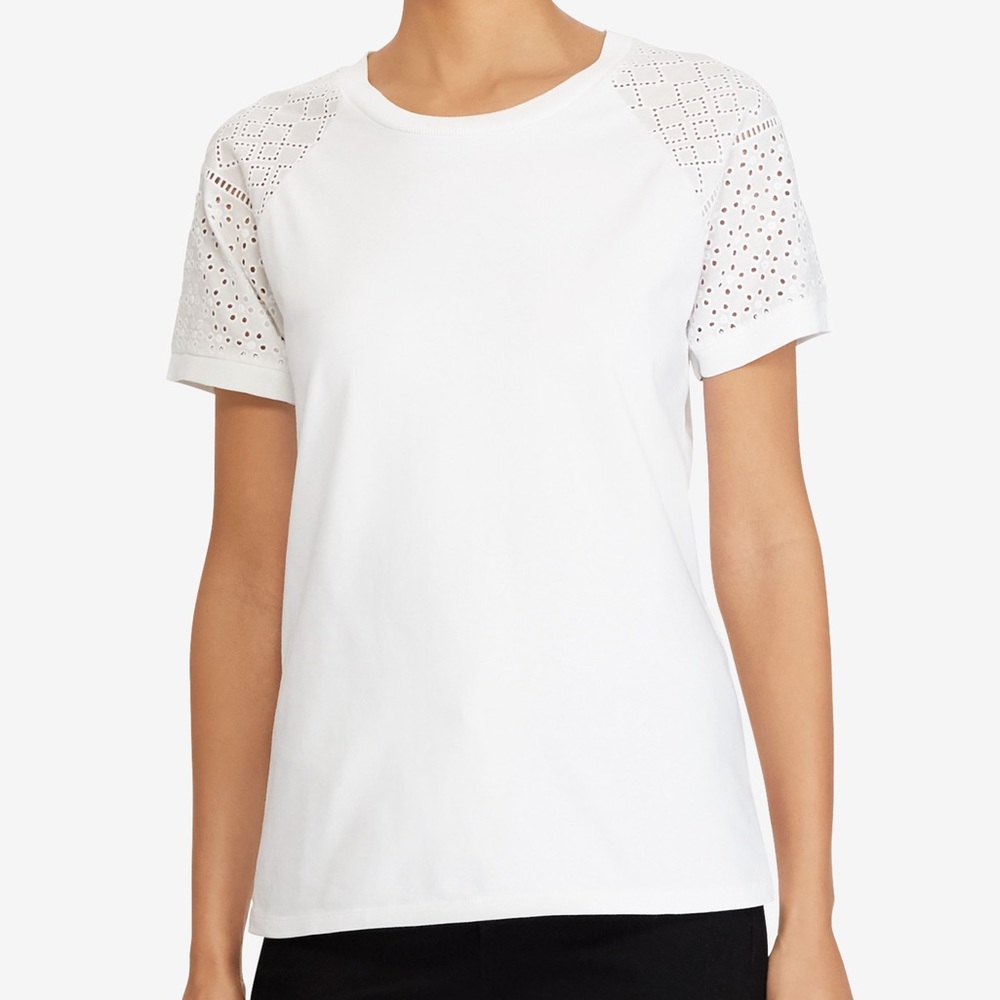 NWT Lauren Ralph Lauren Petite Cotton Eyelet-Detail T-Shirt